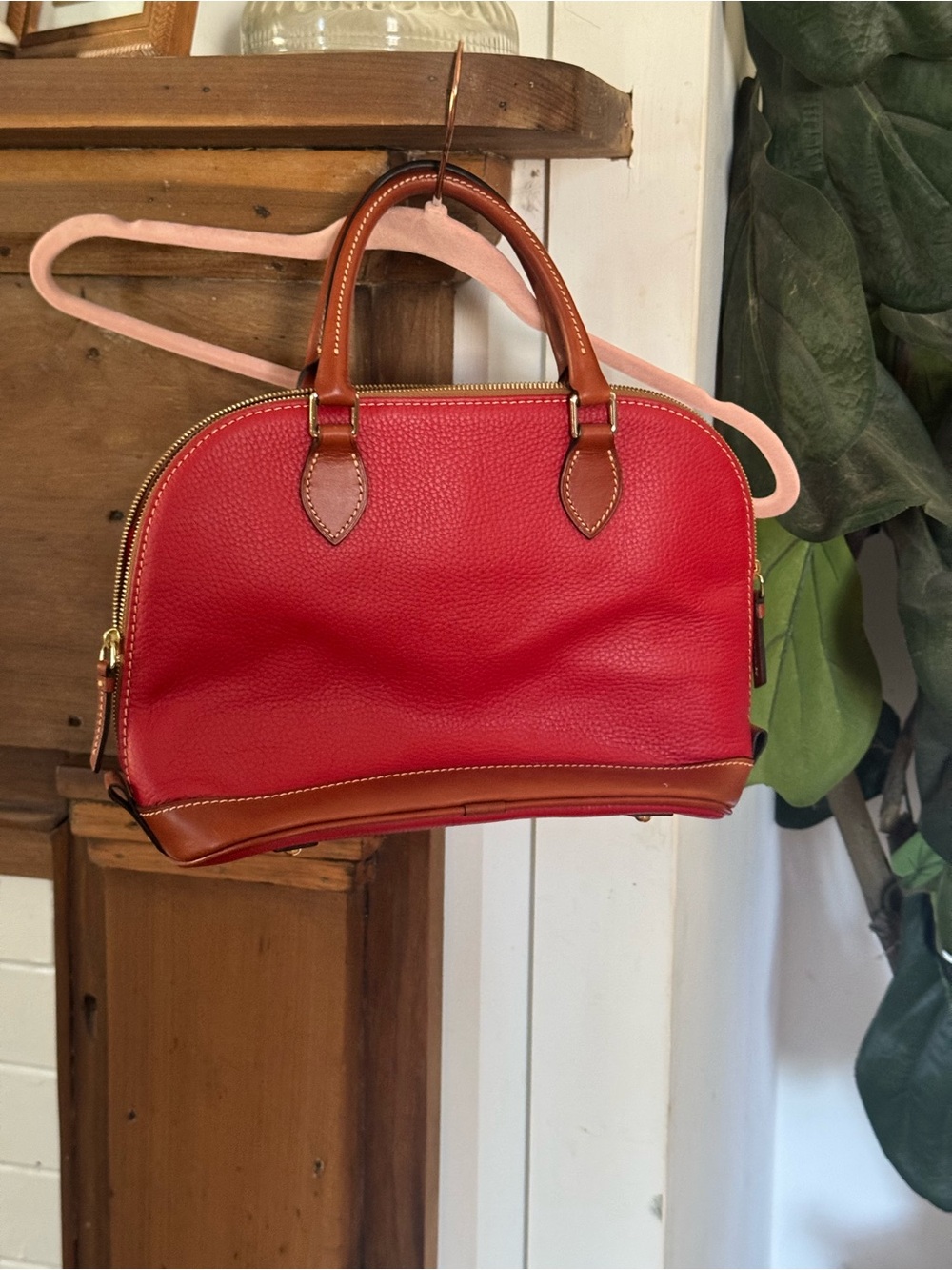 Dooney & Burke Red Dome Satchel Handbag with Tan Trim - Picture 5 of 14